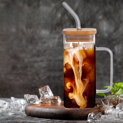 VASOS DE VIDRIO DE 350ML CON TAPA DE BAMBÚ, SORBETE DE VIDRIO Y CEPILLO PARA LIMPIEZA