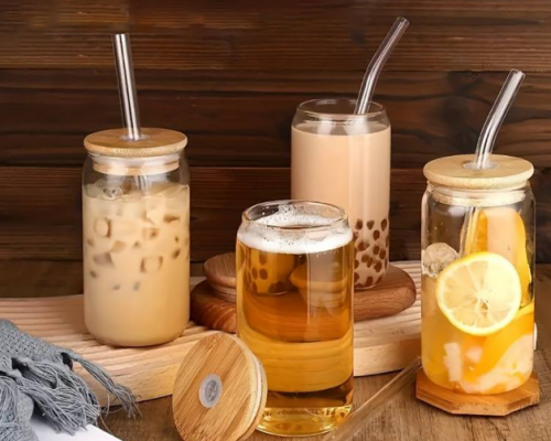 VASOS DE VIDRIO DE 500ML CON TAPA DE BAMBÚ, SORBETE DE VIDRIO Y CEPILLO PARA LIMPIEZA