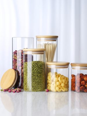 SET DE ORGANIZADORES DE VIDRIO CON TAPA DE BAMBÚ