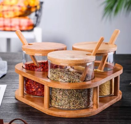 SET DE CONDIMENTEROS DE VIDRIO Y TAPA BAMBÚ