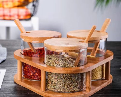 SET DE CONDIMENTEROS DE VIDRIO Y TAPA BAMBÚ